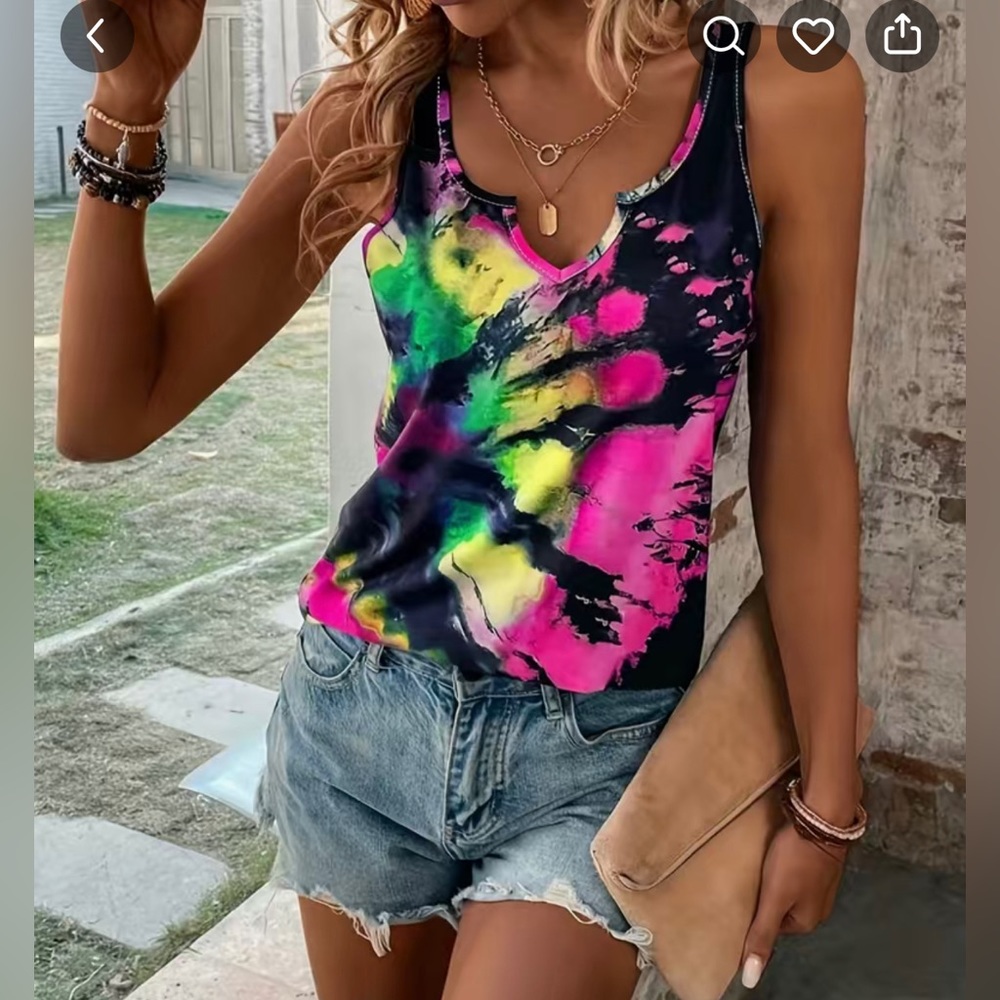 Pink Tie Dye Notched Neck Tank Top